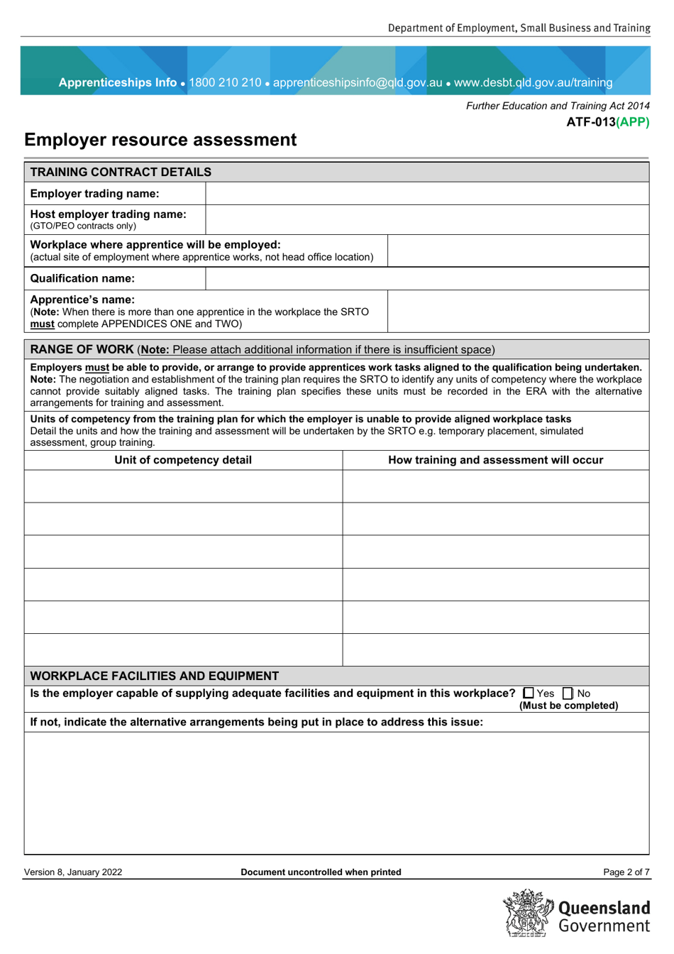 Form ATF-013(APP) Employer Resource Assessment - Apprentice / S - Queensland, Australia, Page 2