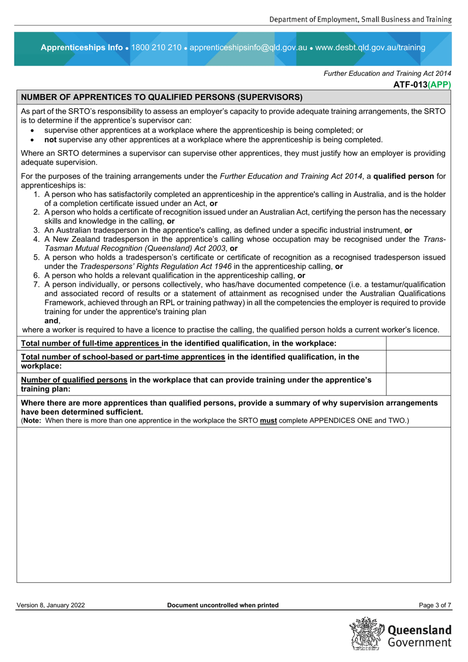 Form ATF-013(APP) Employer Resource Assessment - Apprentice / S - Queensland, Australia, Page 3