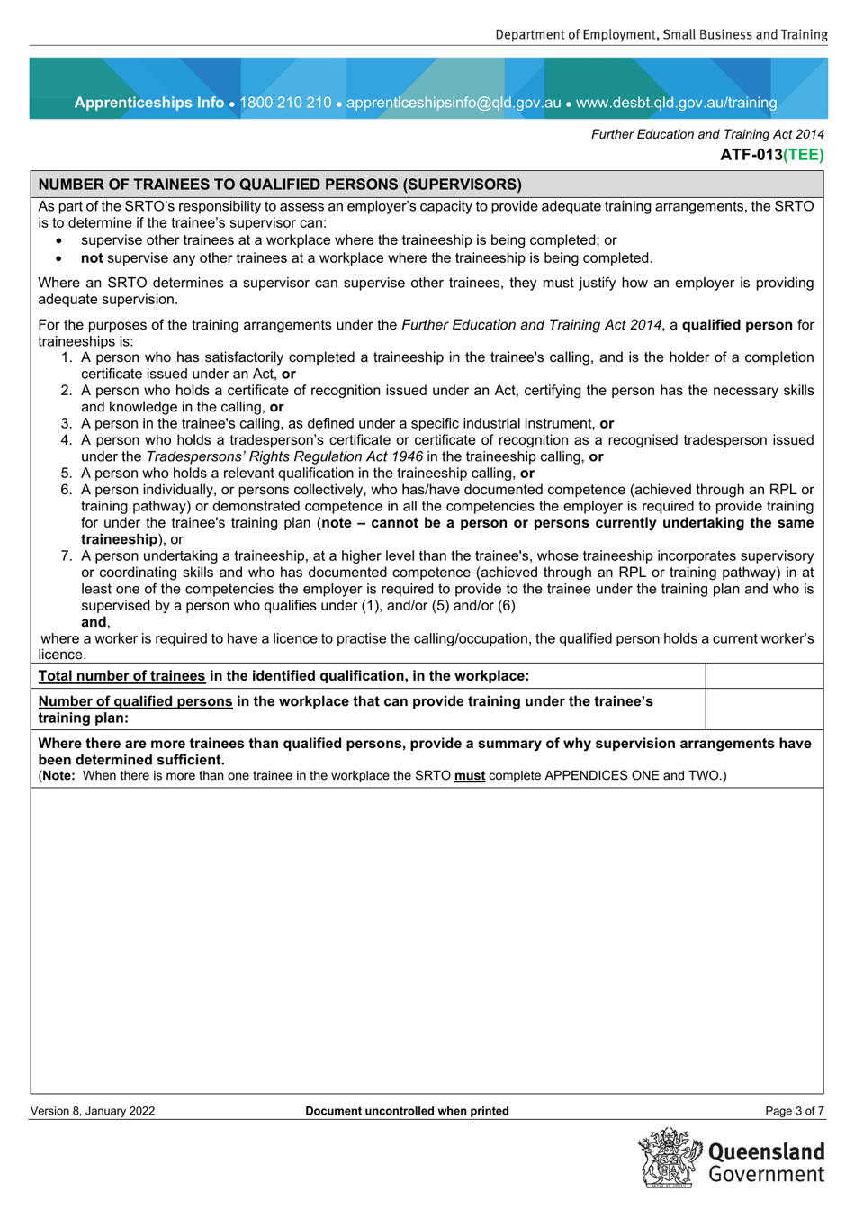 Form ATF-013(TEE) Employer Resource Assessment - Trainee / S - Queensland, Australia, Page 3