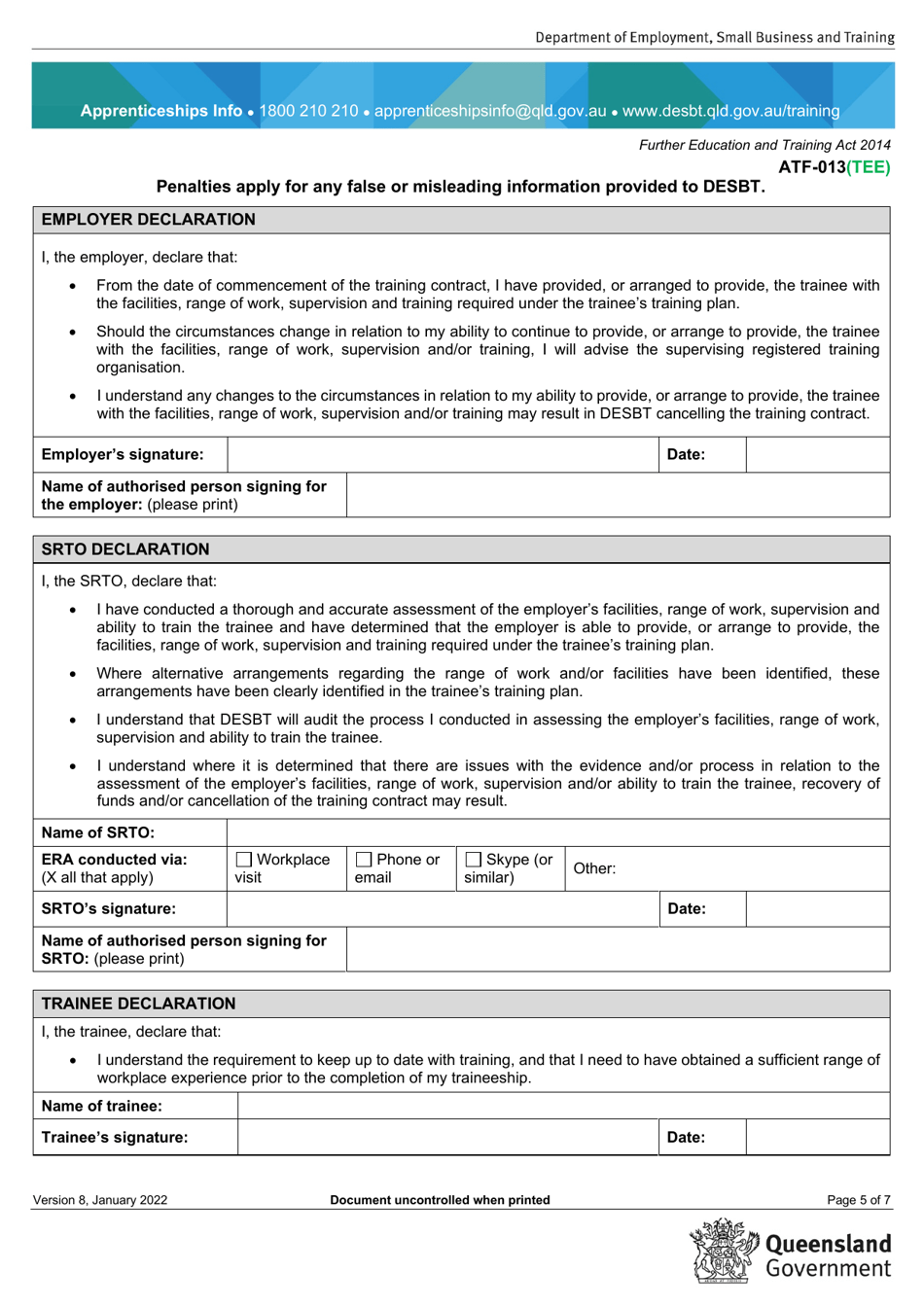 Form ATF-013(TEE) Employer Resource Assessment - Trainee / S - Queensland, Australia, Page 5