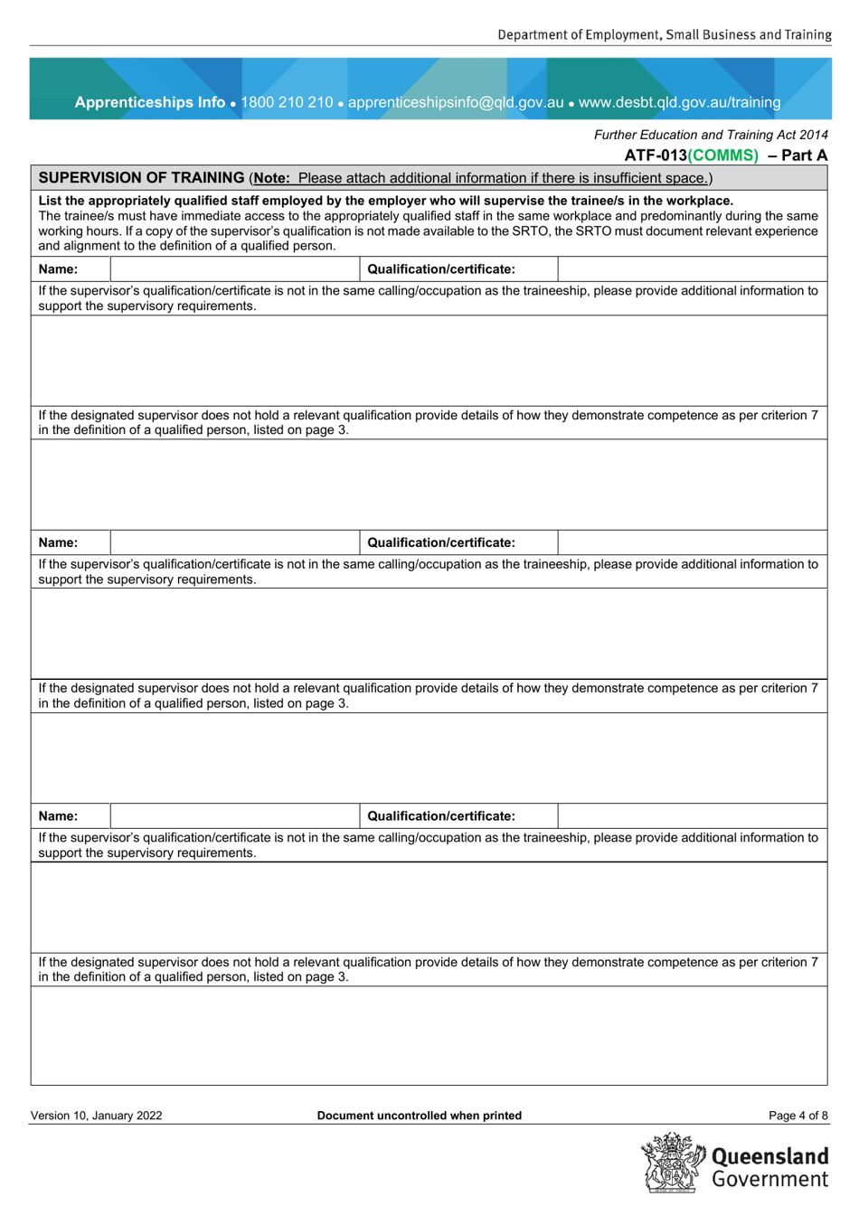 Form ATF-013(COMMS) Employer Resource Assessment - Community Care (Specified) - Queensland, Australia, Page 4