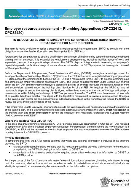 Form ATF-013(PLUMB) Employer Resource Assessment - Plumbing Apprentices (Cpc32413, Cpc32420) - Queensland, Australia
