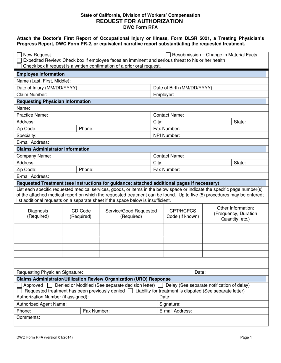 DWC Form RFA Request for Authorization - California, Page 1