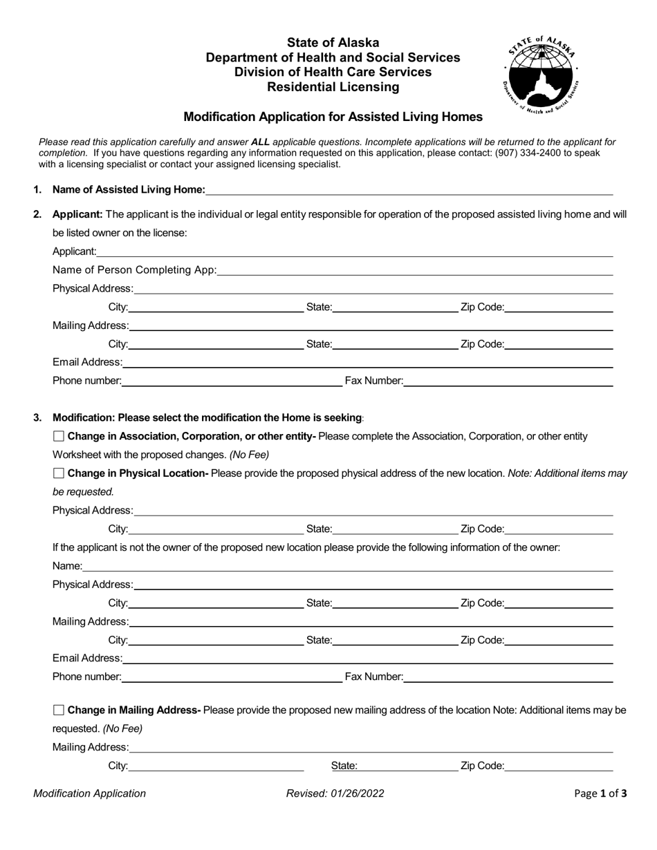 Modification Application for Assisted Living Homes - Alaska, Page 1