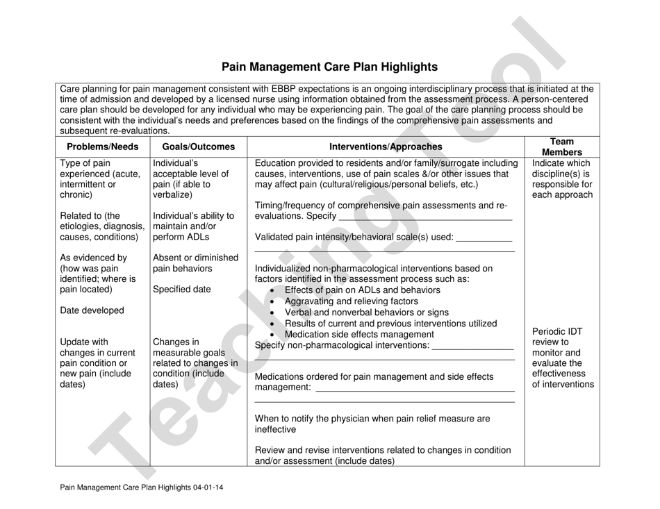 Pain Management Care Plan Highlights - Texas, Page 1