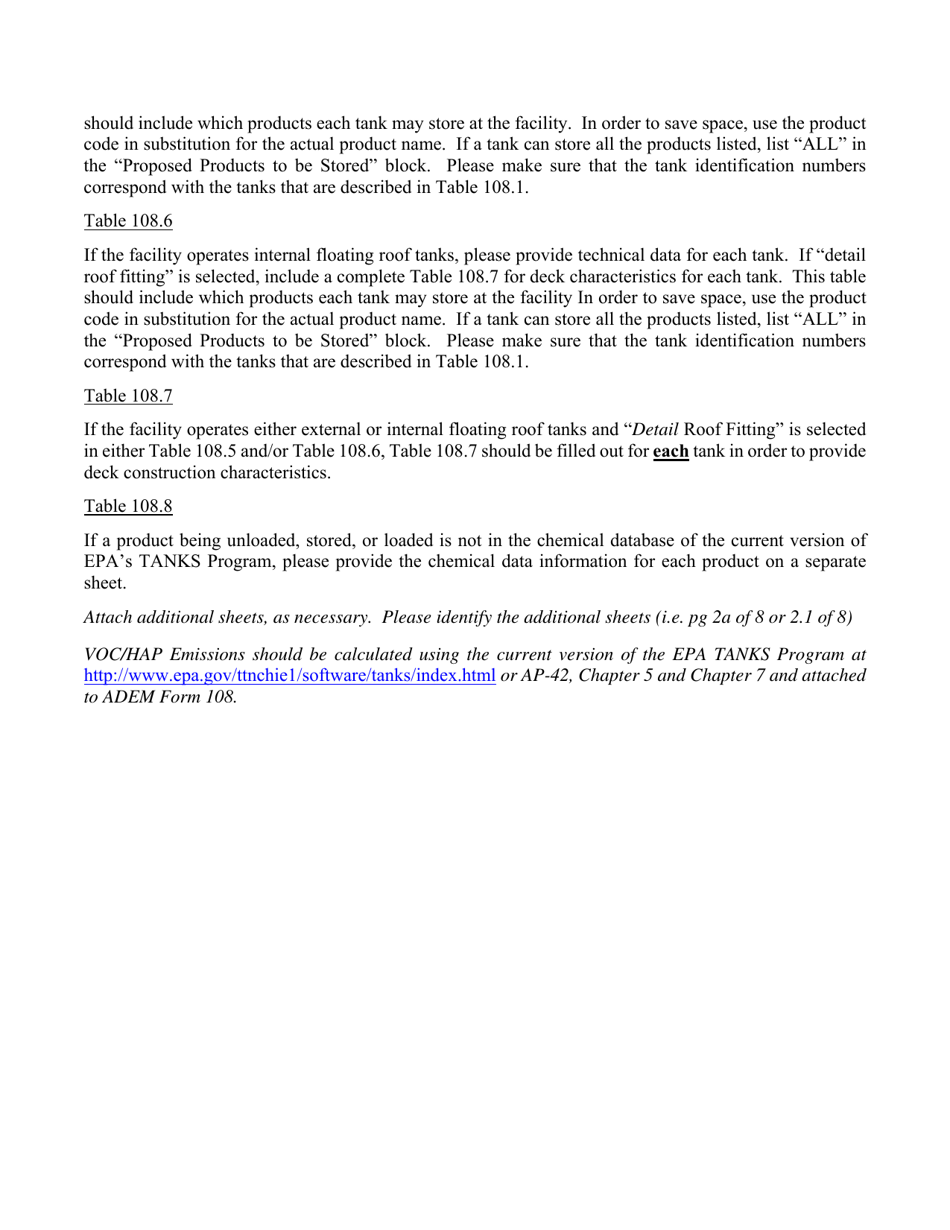 ADEM Form 108 Permit Application for Loading and Storage of Organic Compounds - Alabama, Page 2