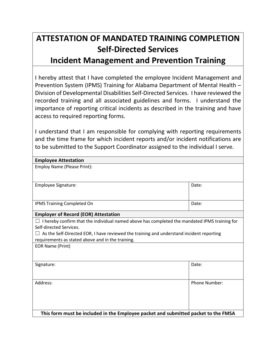 Attestation of Mandated Training Completion - Incident Management and Prevention Training - Self-directed Services - Alabama, Page 1