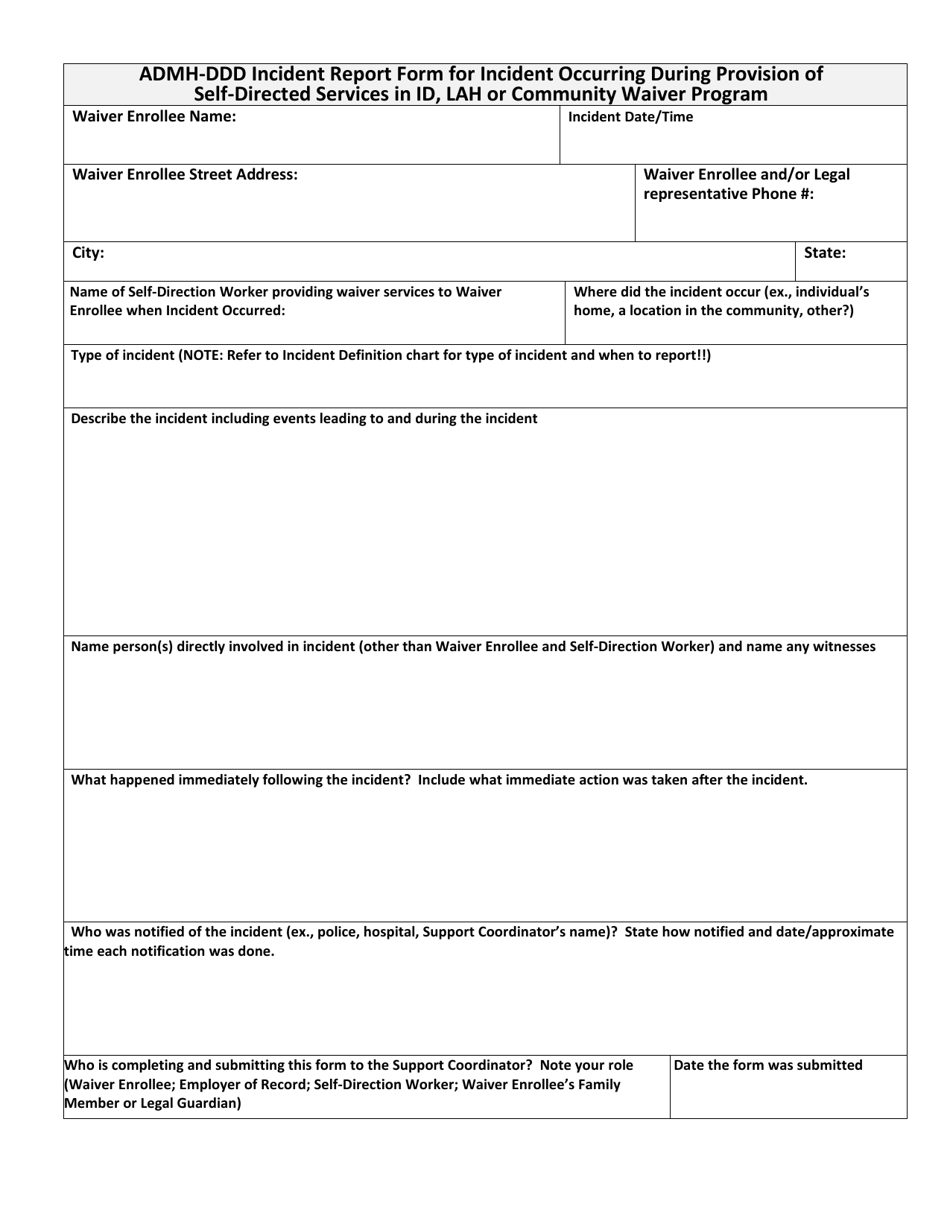 Incident Report Form for Incident Occurring During Provision of Self-directed Services in Id, Lah or Community Waiver Program - Alabama, Page 1