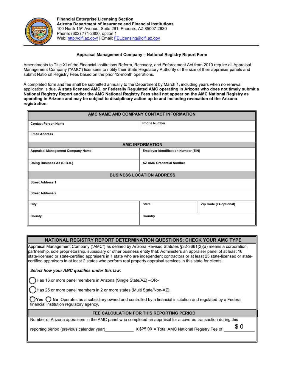 Appraisal Management Company - National Registry Report Form - Arizona, Page 1
