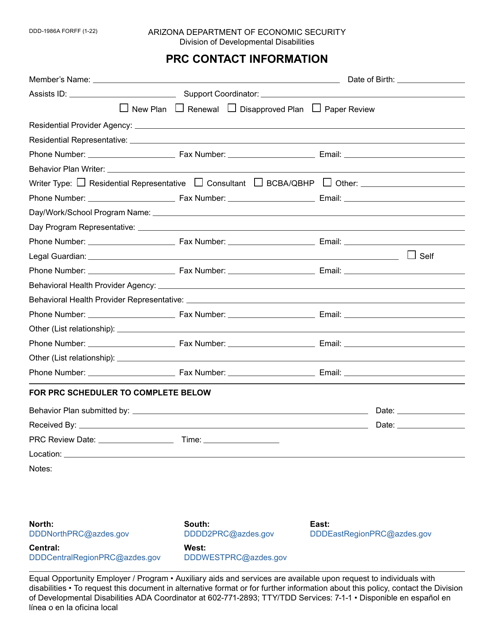 Form DDD-1986A Prc Contact Information - Arizona