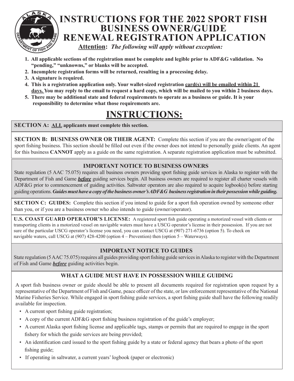 Sport Fish Business Owner / Guide Renewal Registration Application - Alaska, Page 2