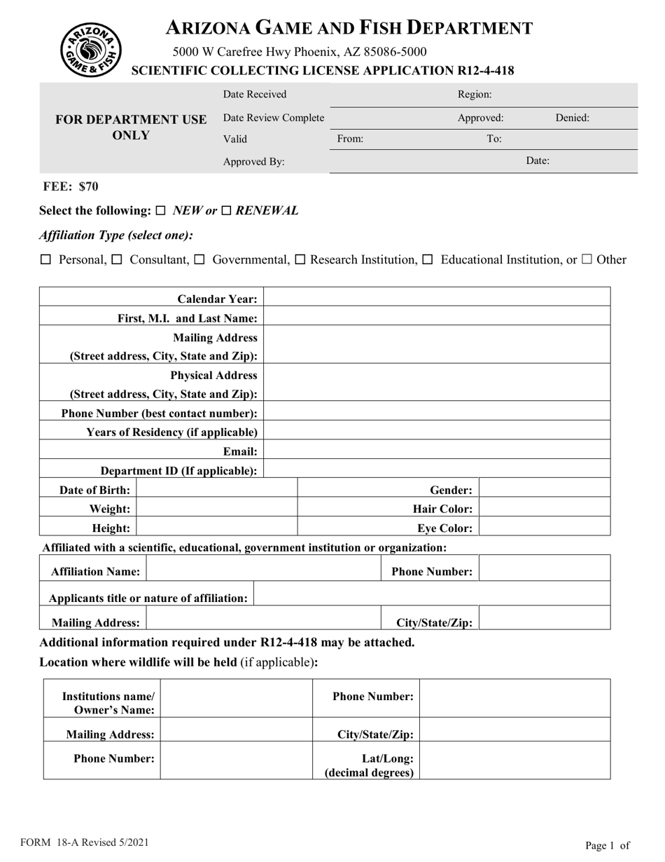 Form 18-A Scientific Collecting License Application - Arizona, Page 1