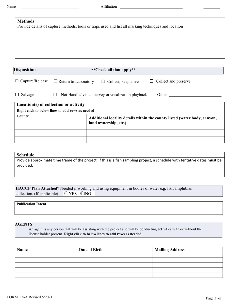 Form 18-A Scientific Collecting License Application - Arizona, Page 3