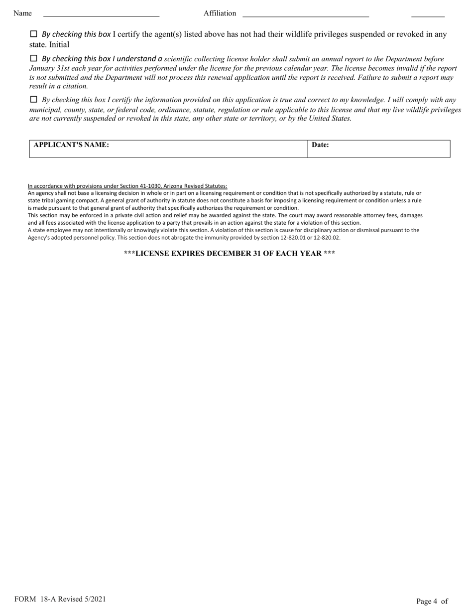 Form 18-A Scientific Collecting License Application - Arizona, Page 4