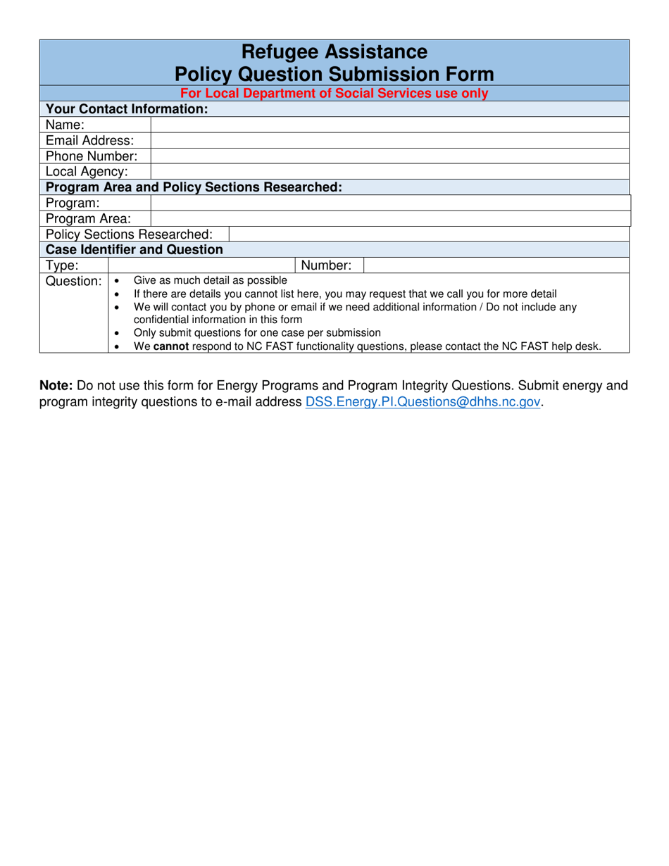 Refugee Assistance Policy Question Submission Form - North Carolina, Page 1