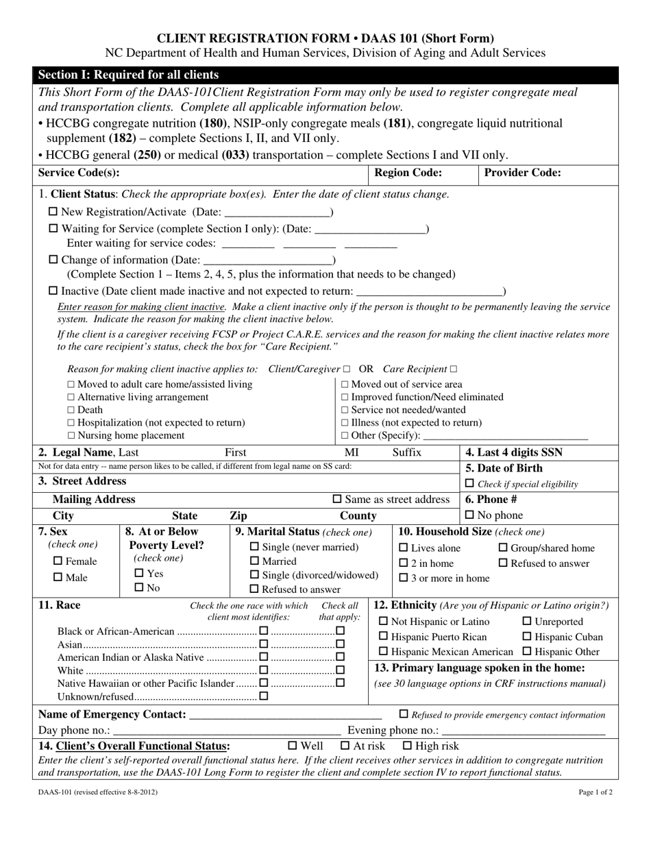 Form DAAS-101 Client Registration Form (Short Form) - North Carolina, Page 1