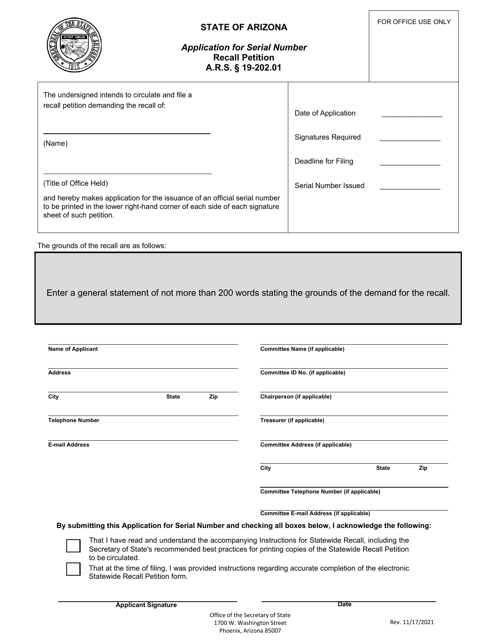 Application for Serial Number - Recall Petition - Arizona Download Pdf