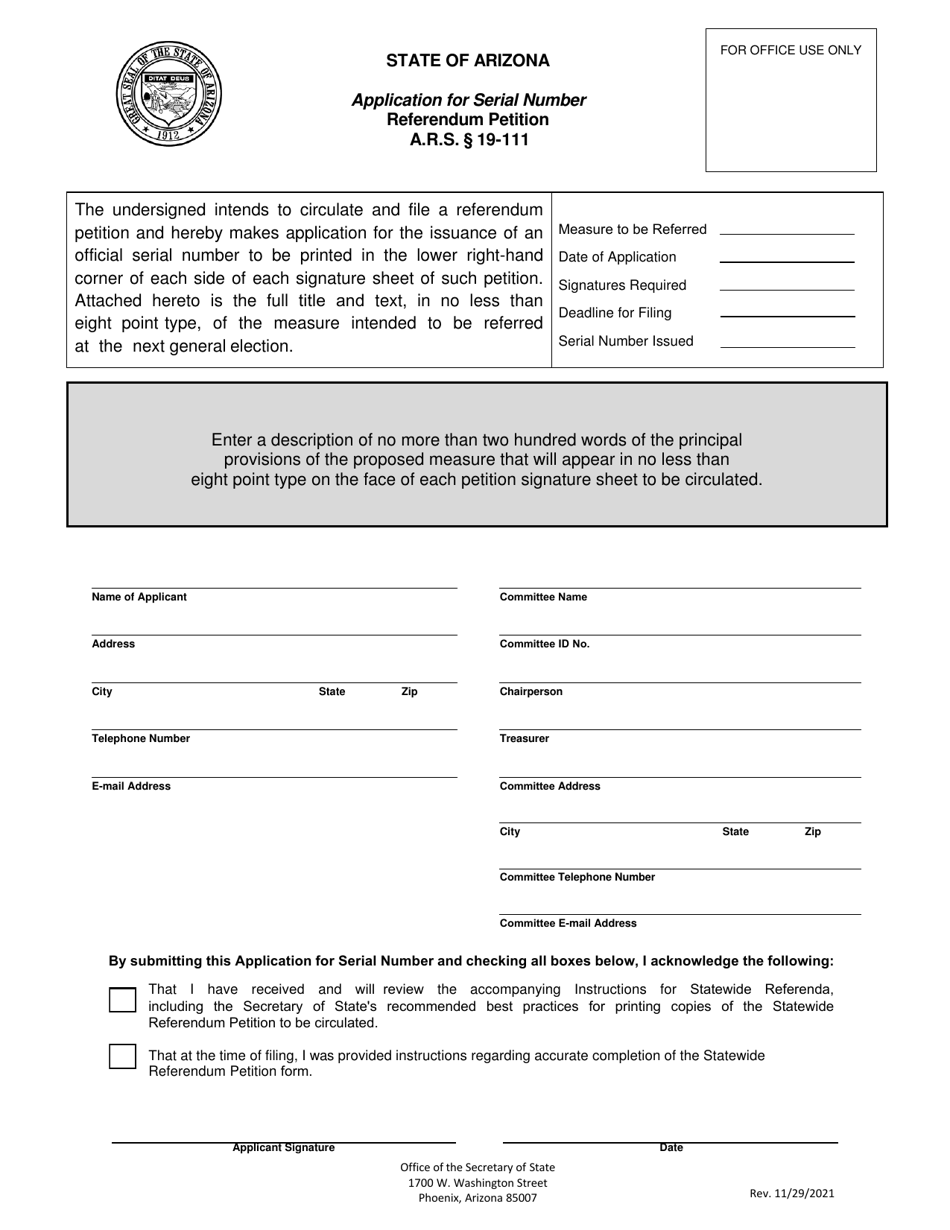 Arizona Application for Serial Number Referendum Petition Download