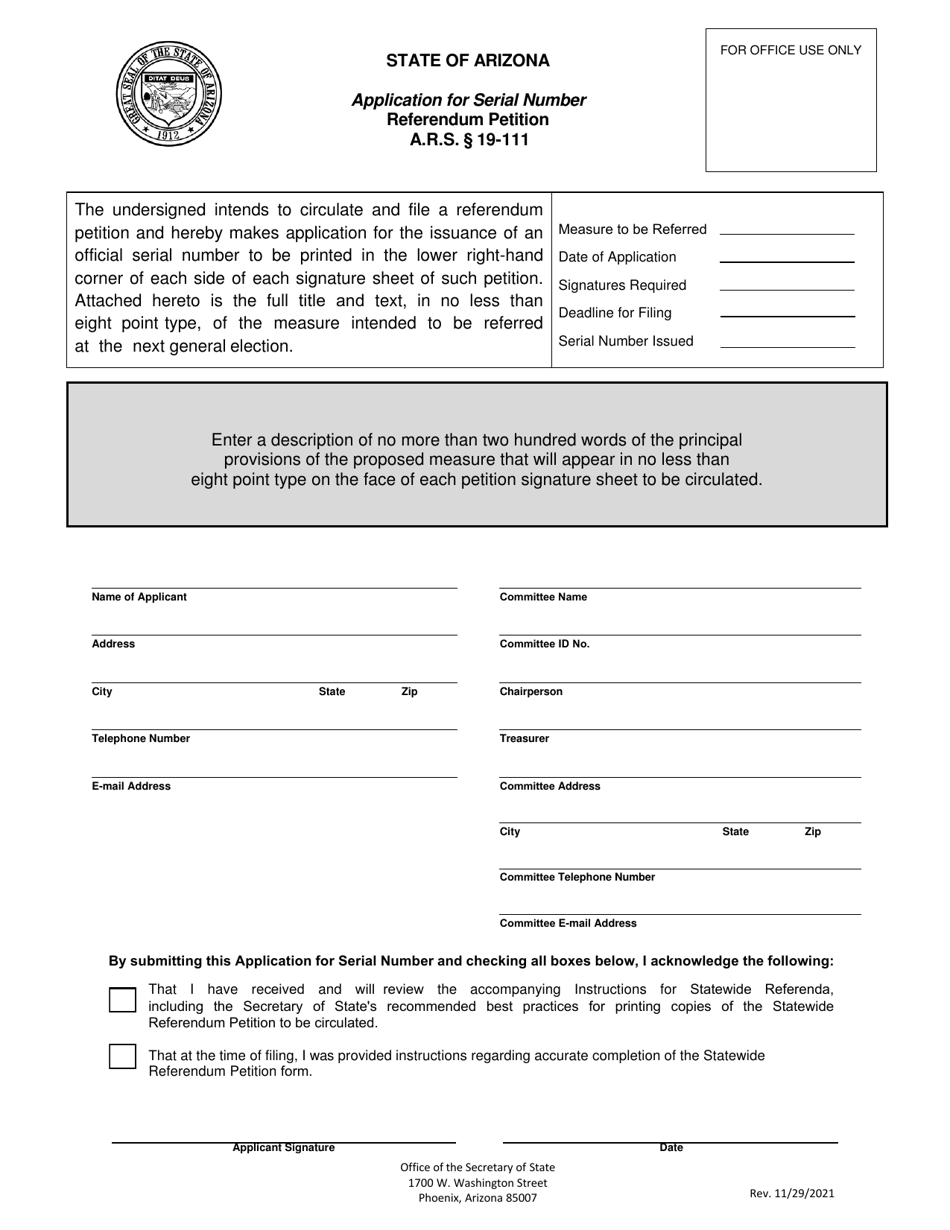Application for Serial Number - Referendum Petition - Arizona, Page 1