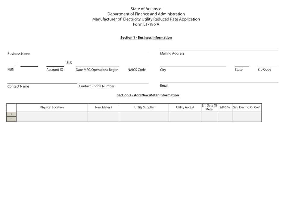 Form ET-186 A Manufacturer of Electricity Utility Reduced Rate Application - Arkansas, Page 1