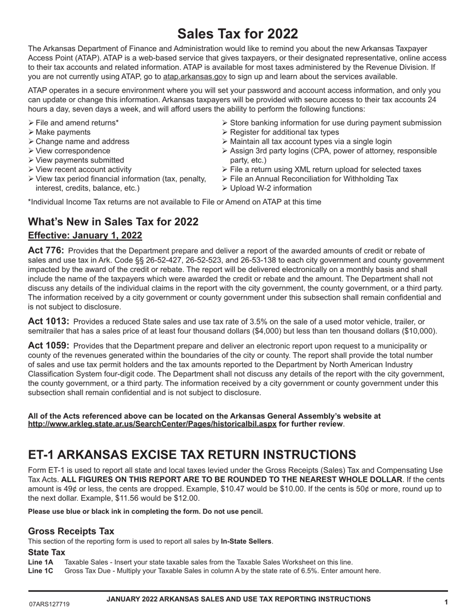 Download Instructions For Form Et 1 Arkansas Excise Tax Return Pdf 2022 Templateroller 8934