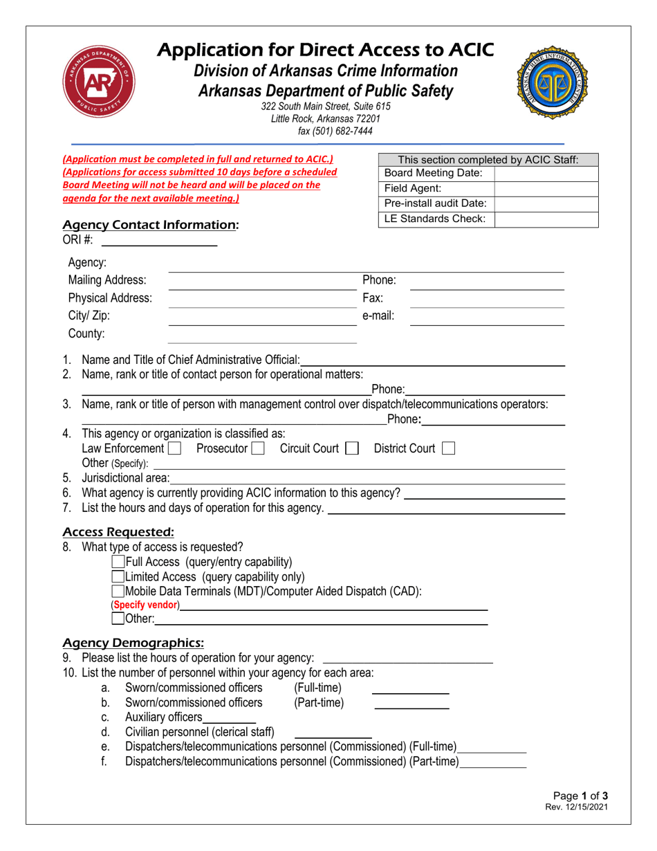 Arkansas Application for Direct Access to Acic Download Fillable PDF