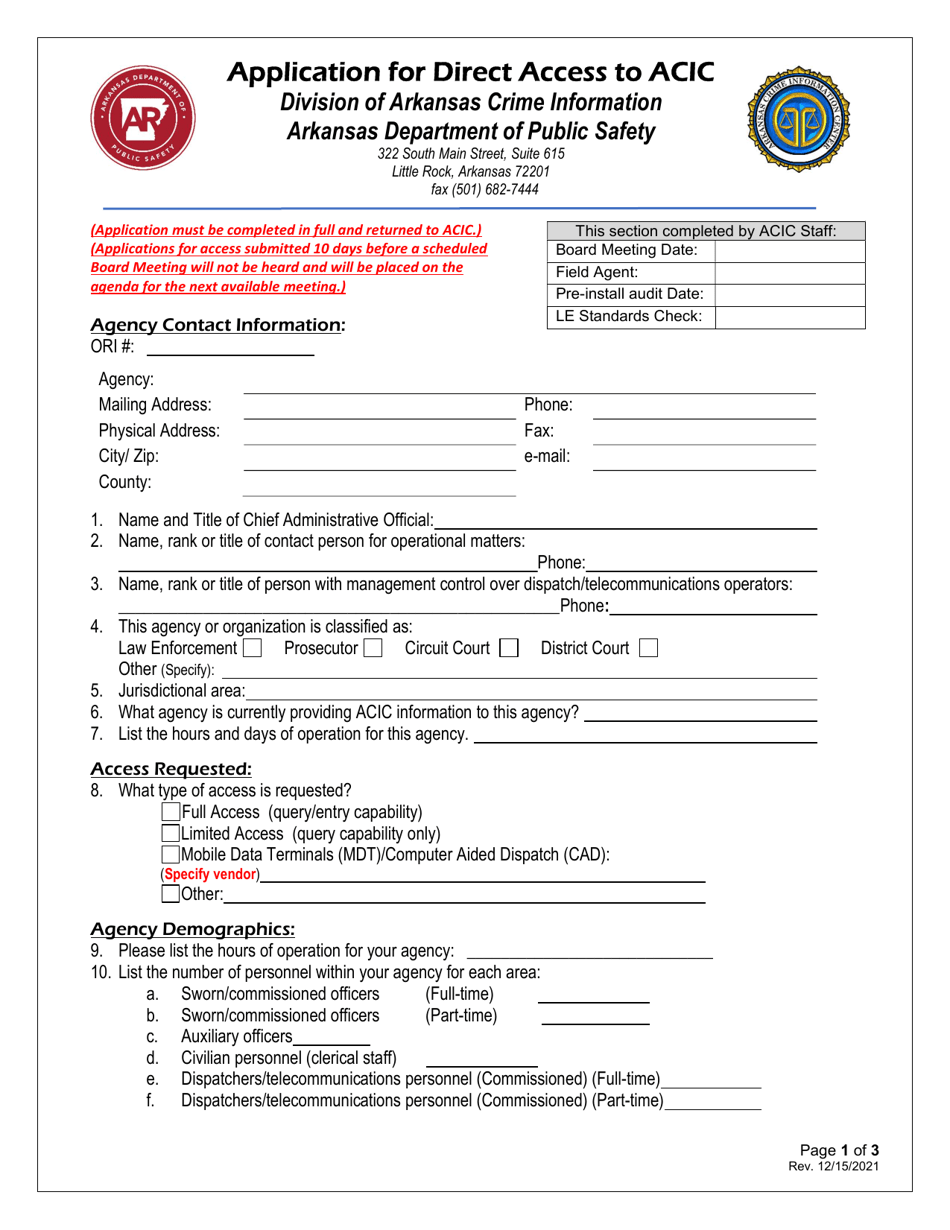 Application for Direct Access to Acic - Arkansas, Page 1