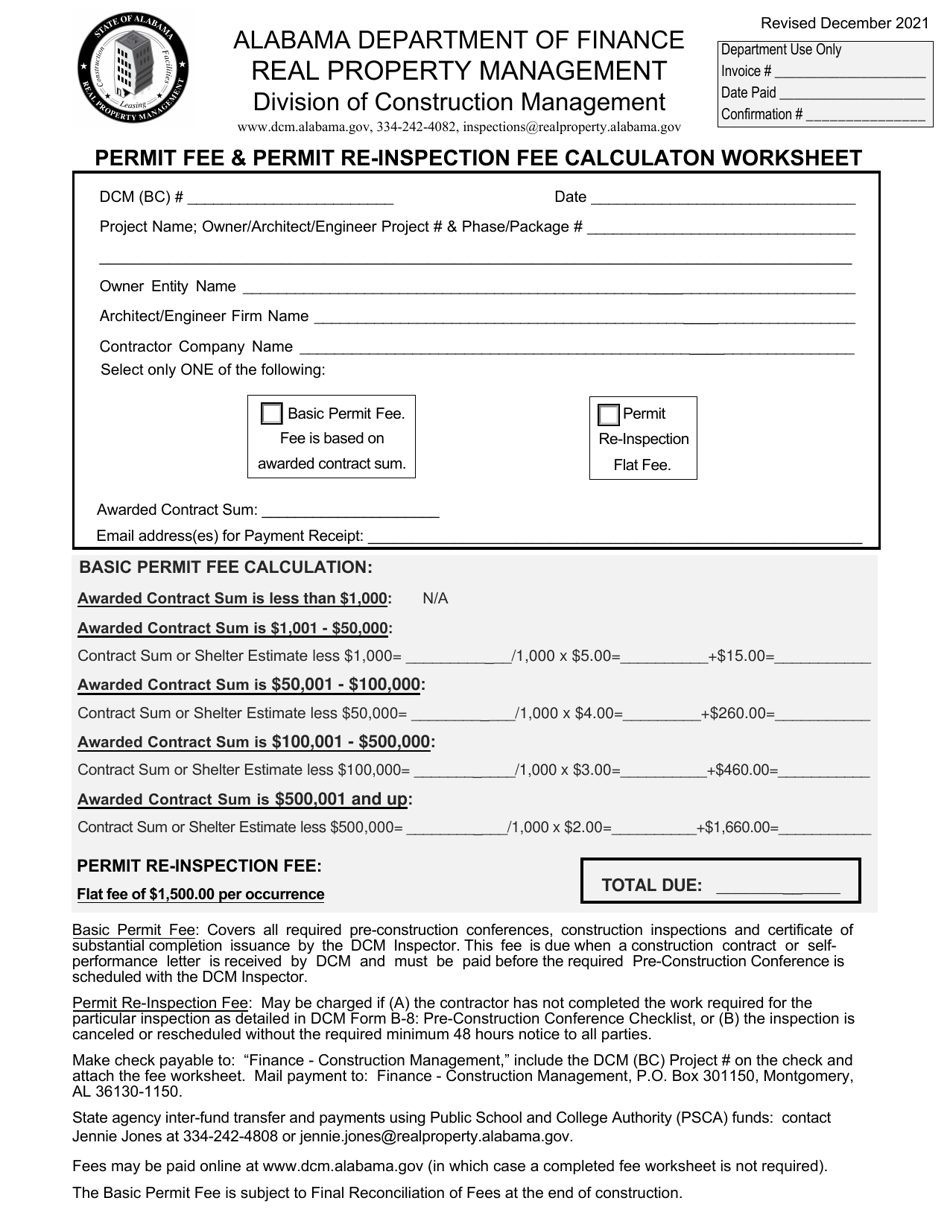 Permit Fee  Permit Re-inspection Fee Calculation Worksheet - Alabama, Page 1
