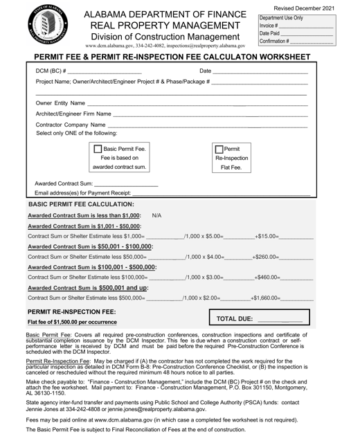 Permit Fee & Permit Re-inspection Fee Calculation Worksheet - Alabama Download Pdf