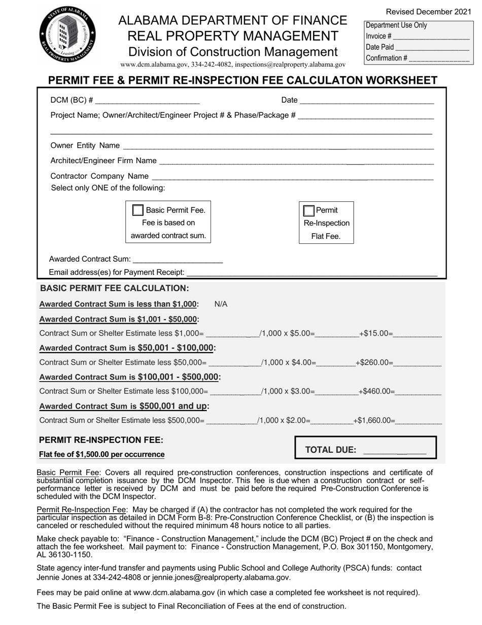 Alabama Permit Fee & Permit Reinspection Fee Calculation Worksheet