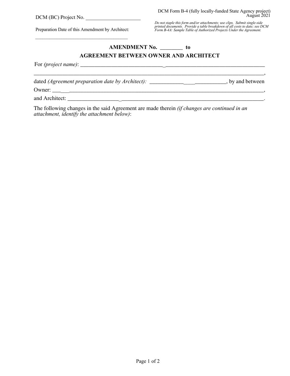 DCM Form B-4 Amendment to Agreement Between Owner and Architect - Fully Locally-Funded State Agency Project - Alabama, Page 1
