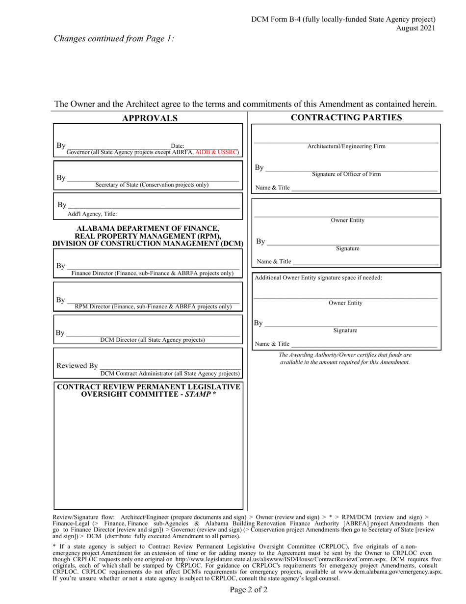 DCM Form B-4 Amendment to Agreement Between Owner and Architect - Fully Locally-Funded State Agency Project - Alabama, Page 2