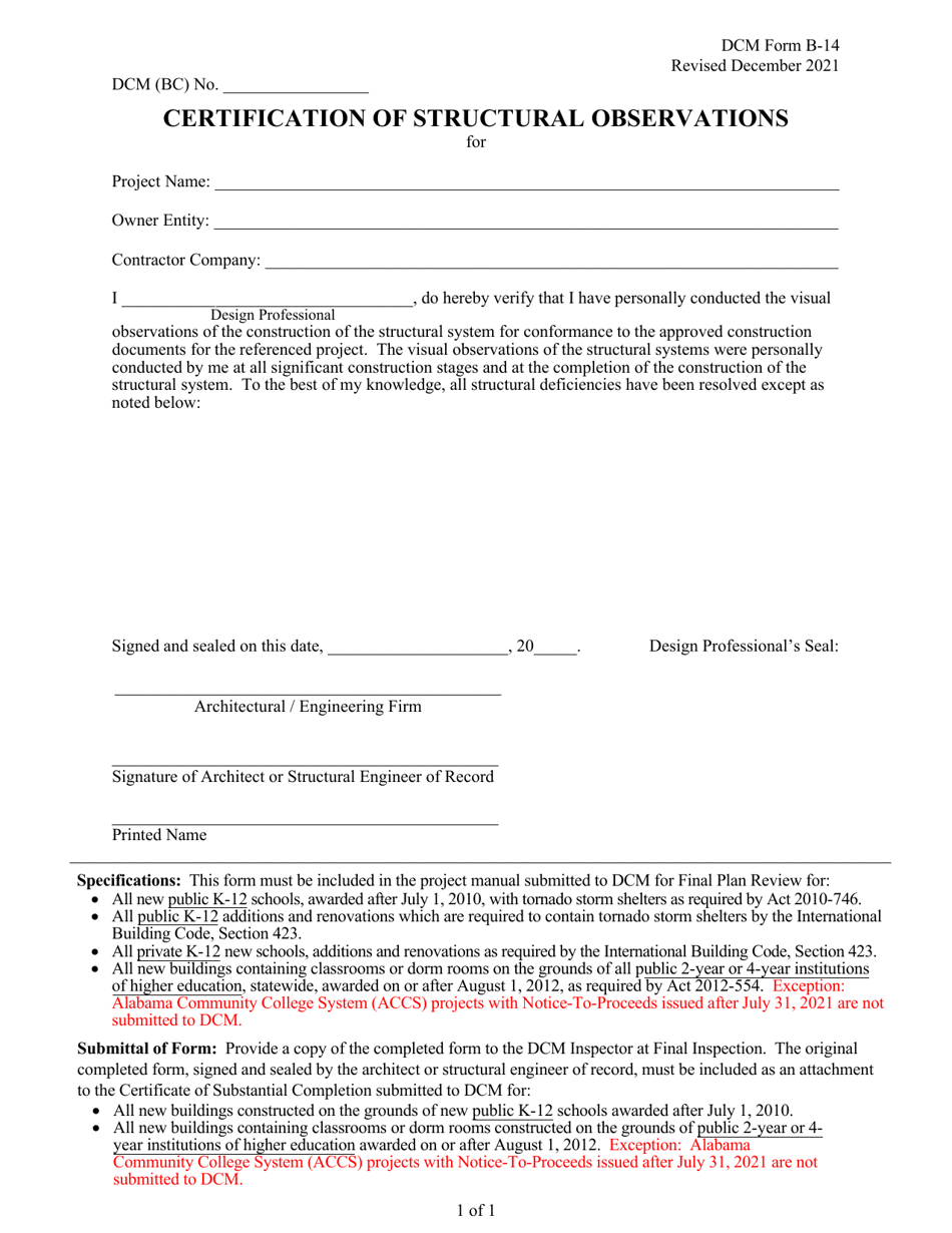DCM Form B-14 Certification of Structural Observations - Alabama, Page 1