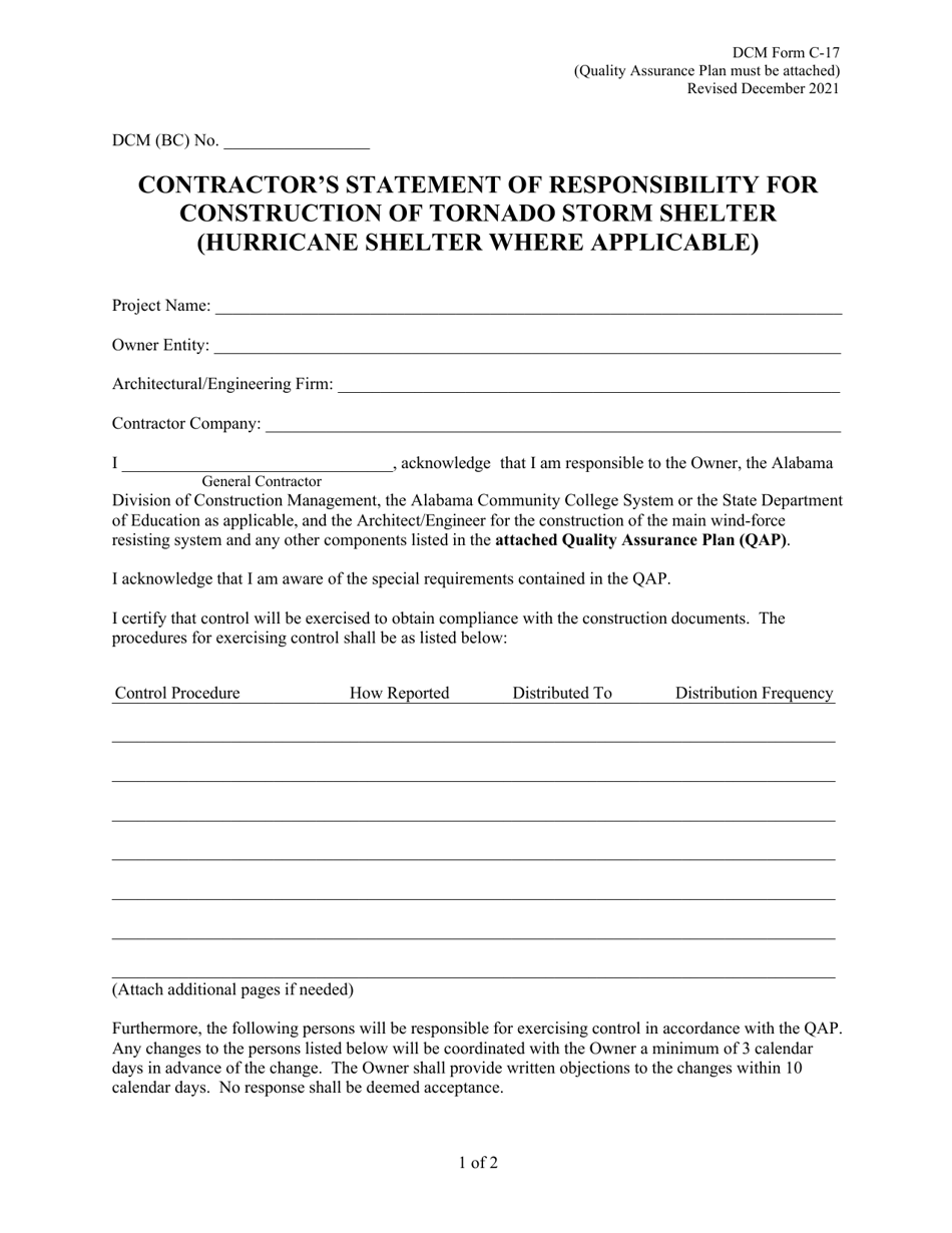 DCM Form C-17 Contractor's Statement of Responsibility for Construction of Tornado Storm Shelter (Hurricane Shelter Where Applicable) - Alabama, Page 1