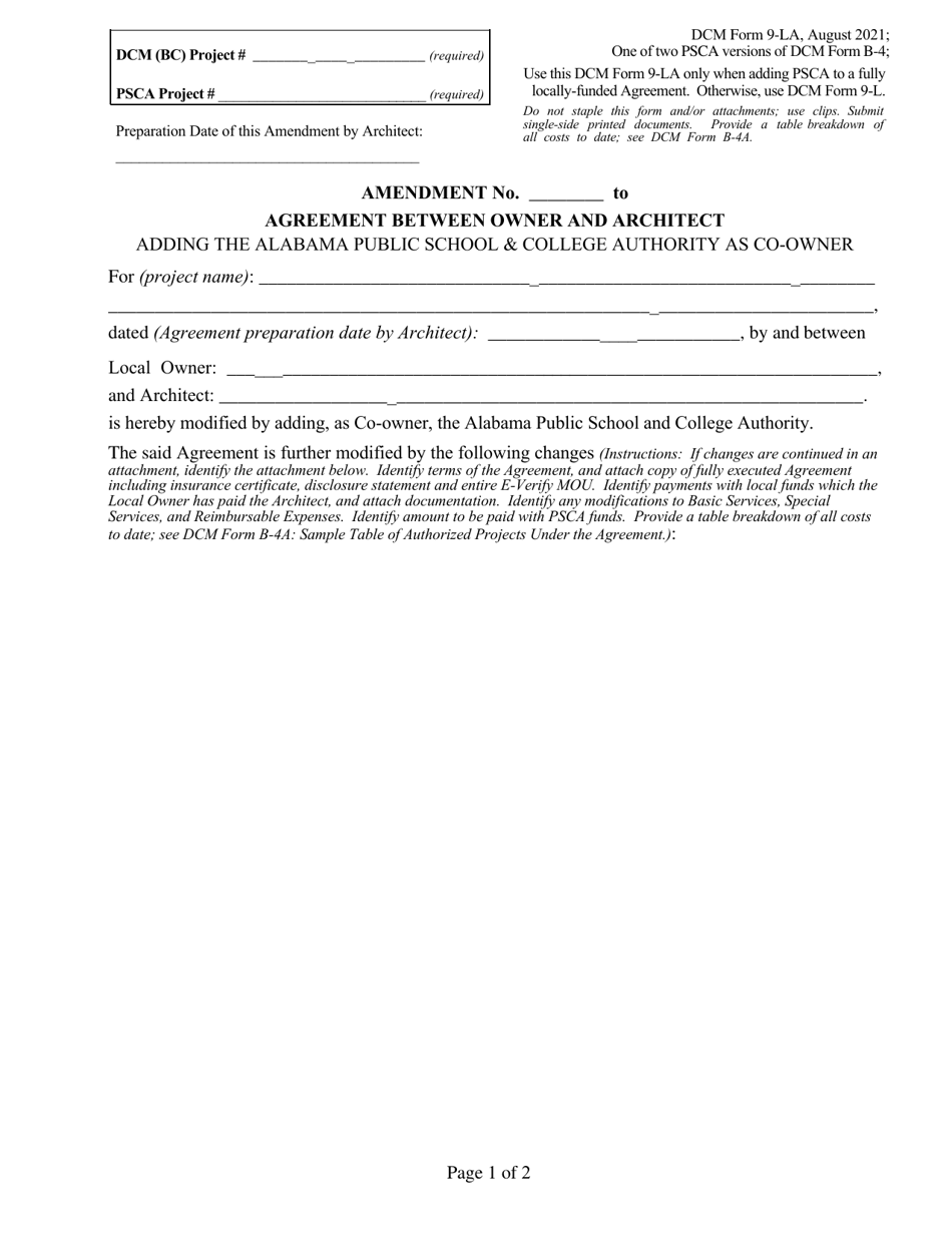 DCM Form 9-LA Amendment to Agreement Between Owner and Architect Adding the Alabama Public School  College Authority as Co-owner - Alabama, Page 1
