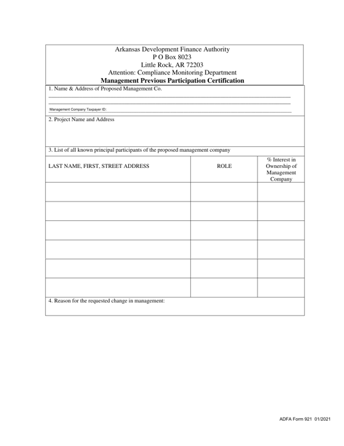 ADFA Form 921  Printable Pdf