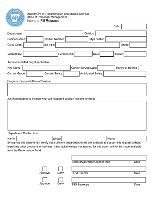 Intent to Fill Request - Arkansas Download Pdf