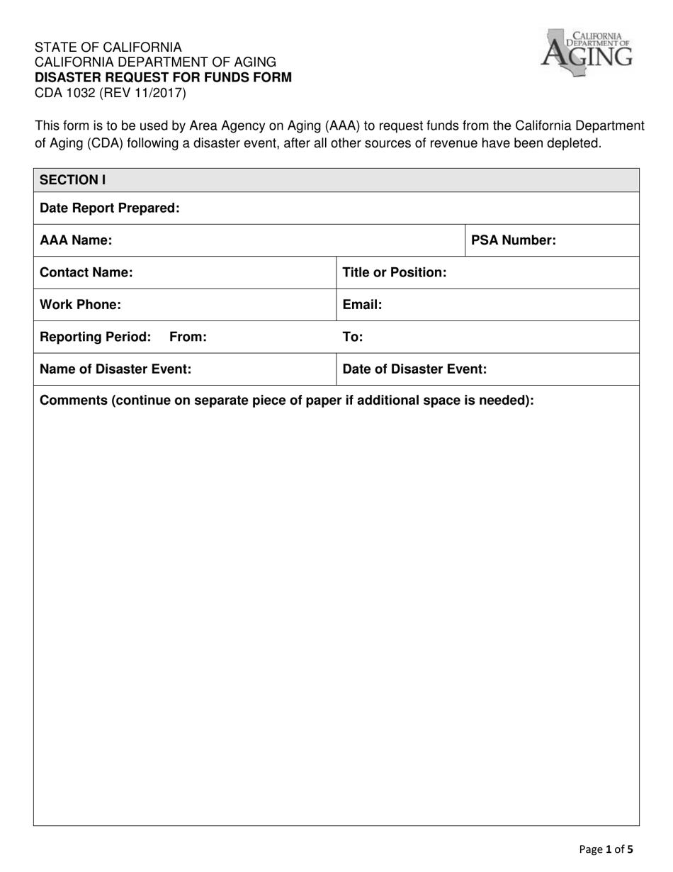 Form CDA1032 Disaster Request for Funds Form - California, Page 1