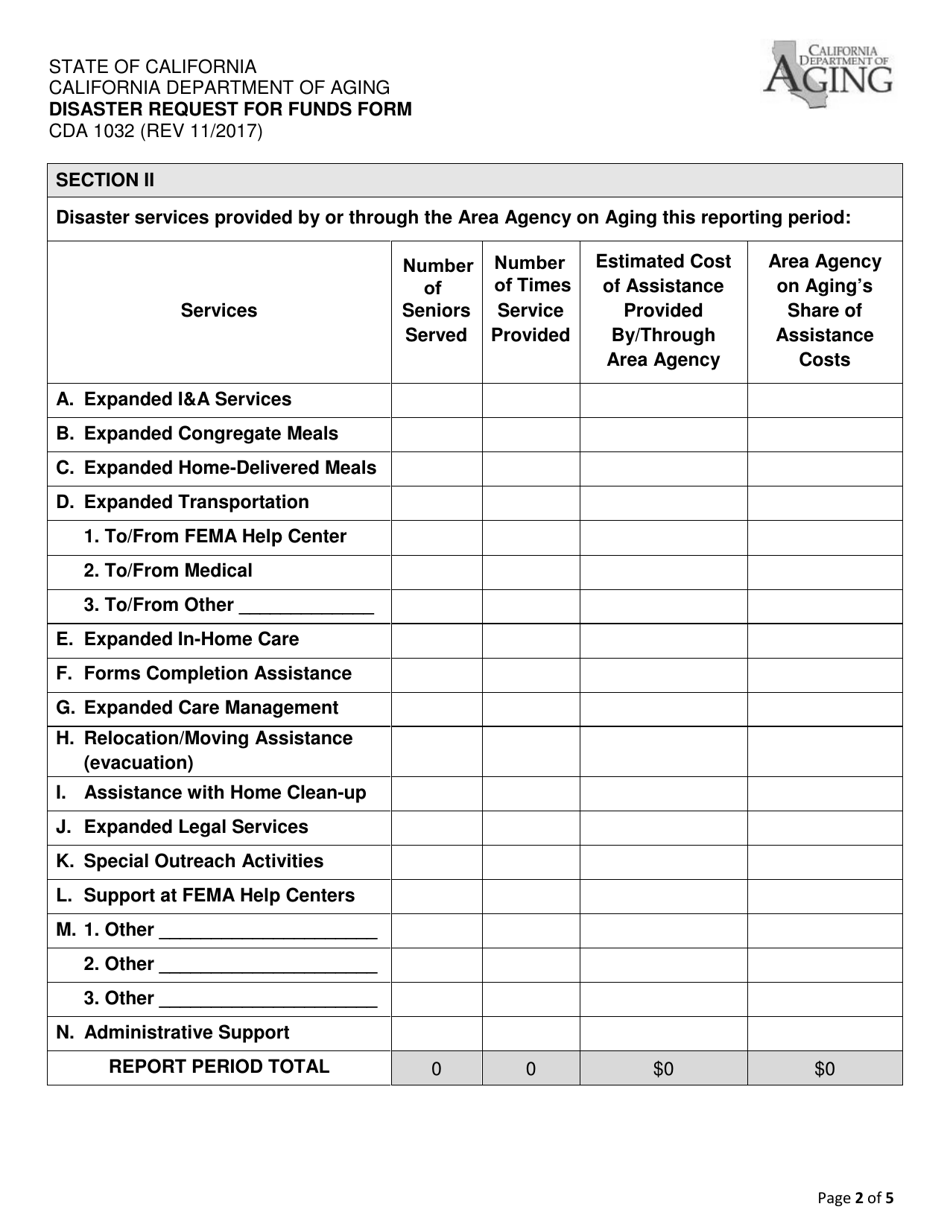 Form CDA1032 Disaster Request for Funds Form - California, Page 2