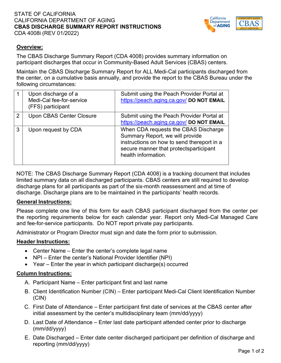 Instructions for Form CDA4008 Cbas Discharge Summary Report - California, Page 1