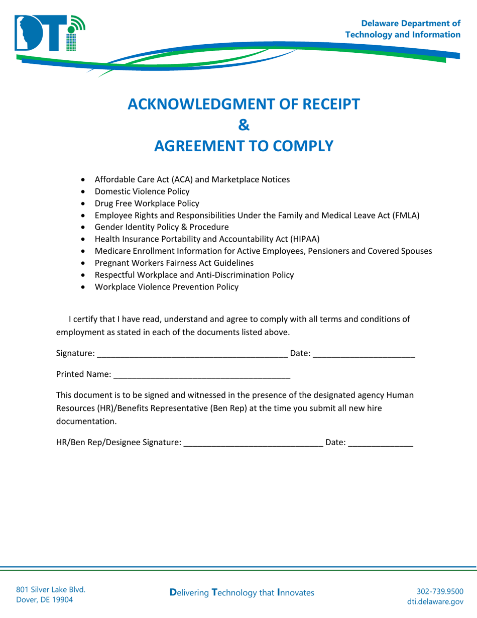 Acknowledgment of Receipt  Agreement to Comply - Delaware, Page 1