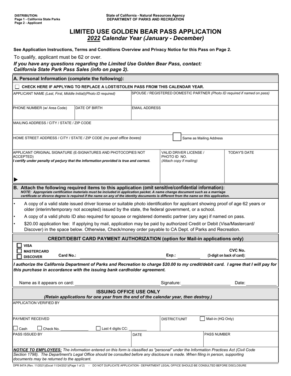 Form DPR847A Limited Use Golden Bear Pass Application - California, Page 1