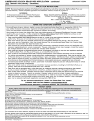 Form DPR847A Limited Use Golden Bear Pass Application - California, Page 2