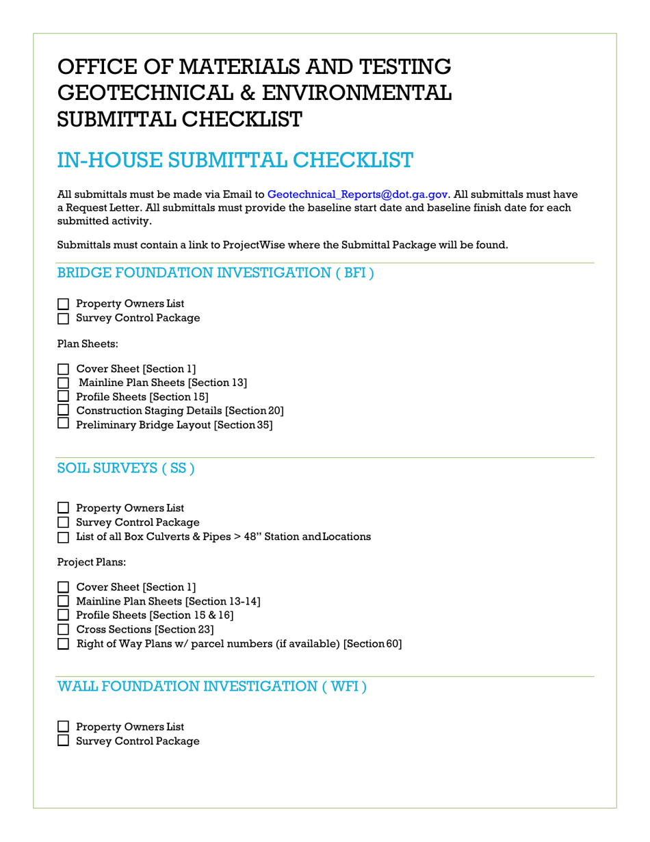 Geotechnical  Environmental in-House Submittal Checklist - Georgia (United States), Page 1