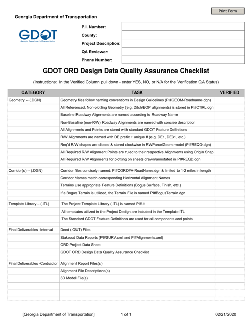 Gdot Ord Design Data Quality Assurance Checklist - Georgia (United States) Download Pdf