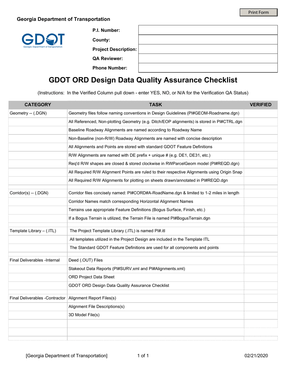 Gdot Ord Design Data Quality Assurance Checklist - Georgia (United States), Page 1