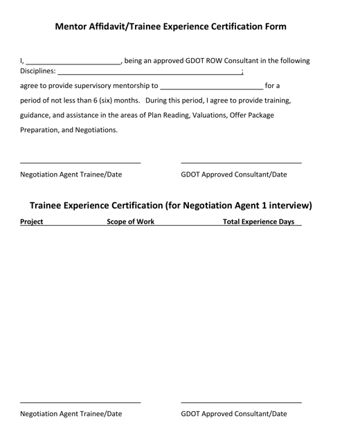 Mentor Affidavit / Trainee Experience Certification Form - Georgia (United States) Download Pdf