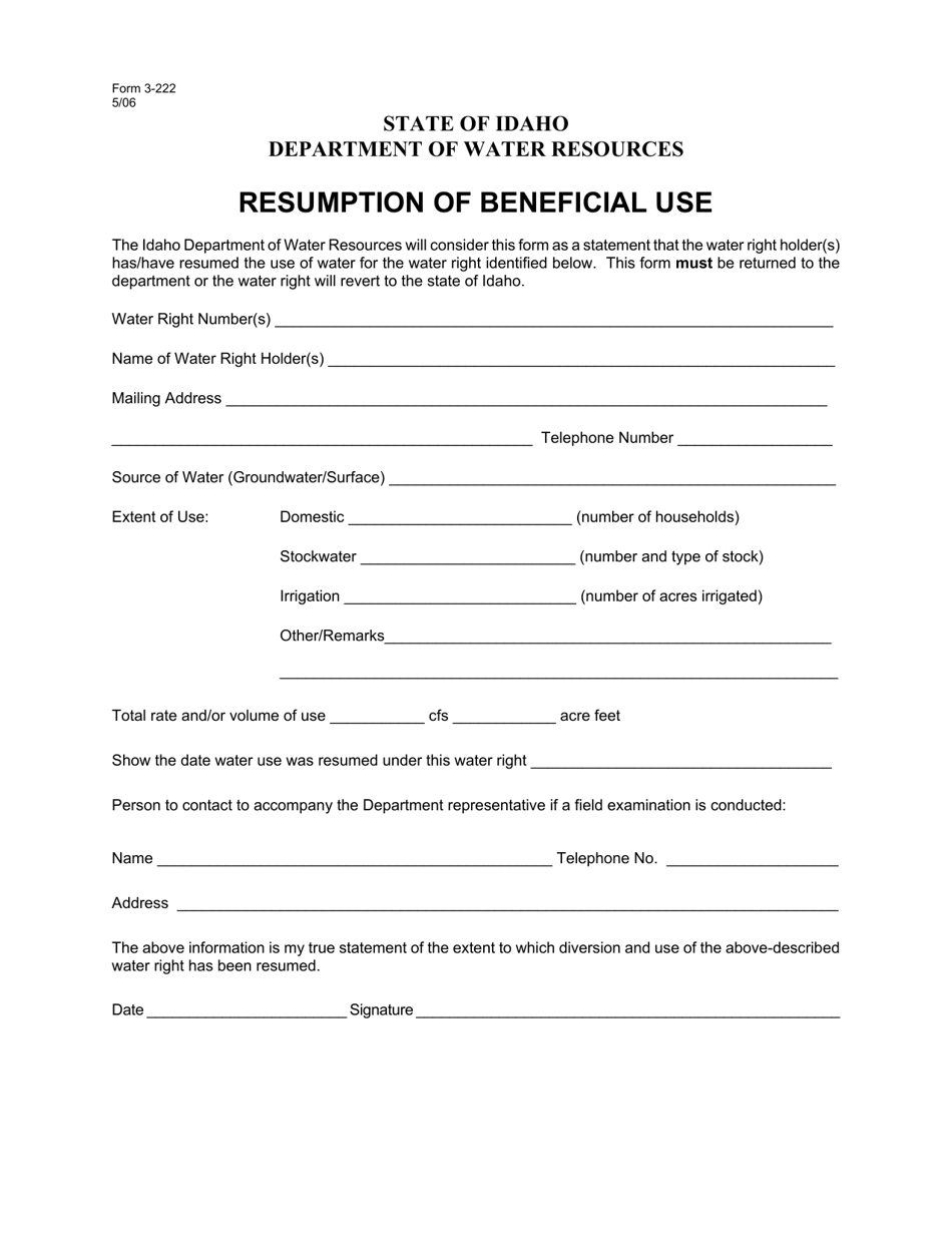 Form 3-222 Resumption of Beneficial Use - Idaho, Page 1