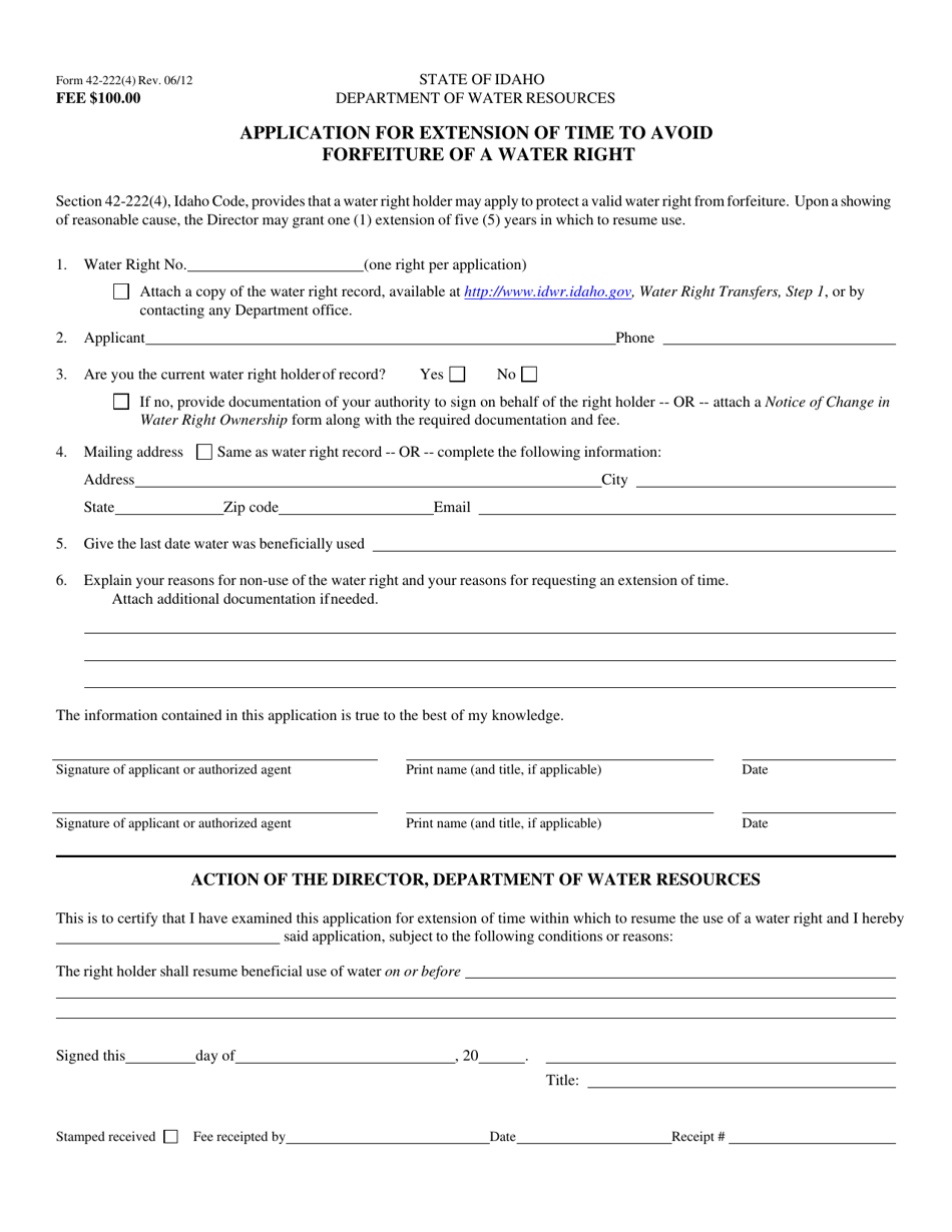 Form 42-222(4) Application for Extension of Time to Avoid Forfeiture of a Water Right - Idaho, Page 1