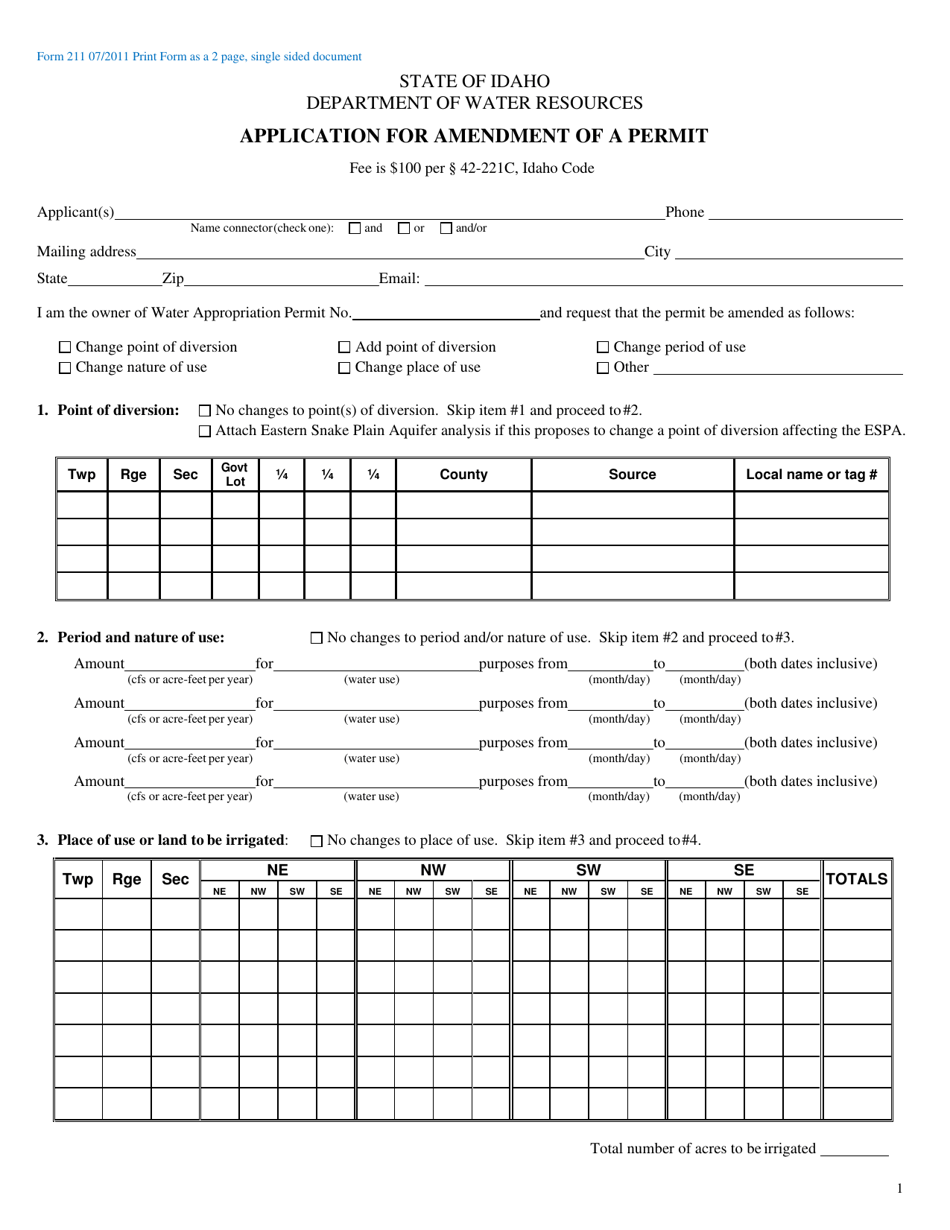 Form 211 Application for Amendment of a Permit - Idaho, Page 1